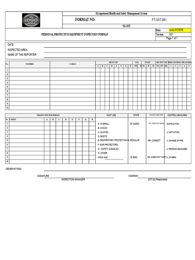FT-SST-061 Personal Protective Equipment Inspection Format | PDF ...