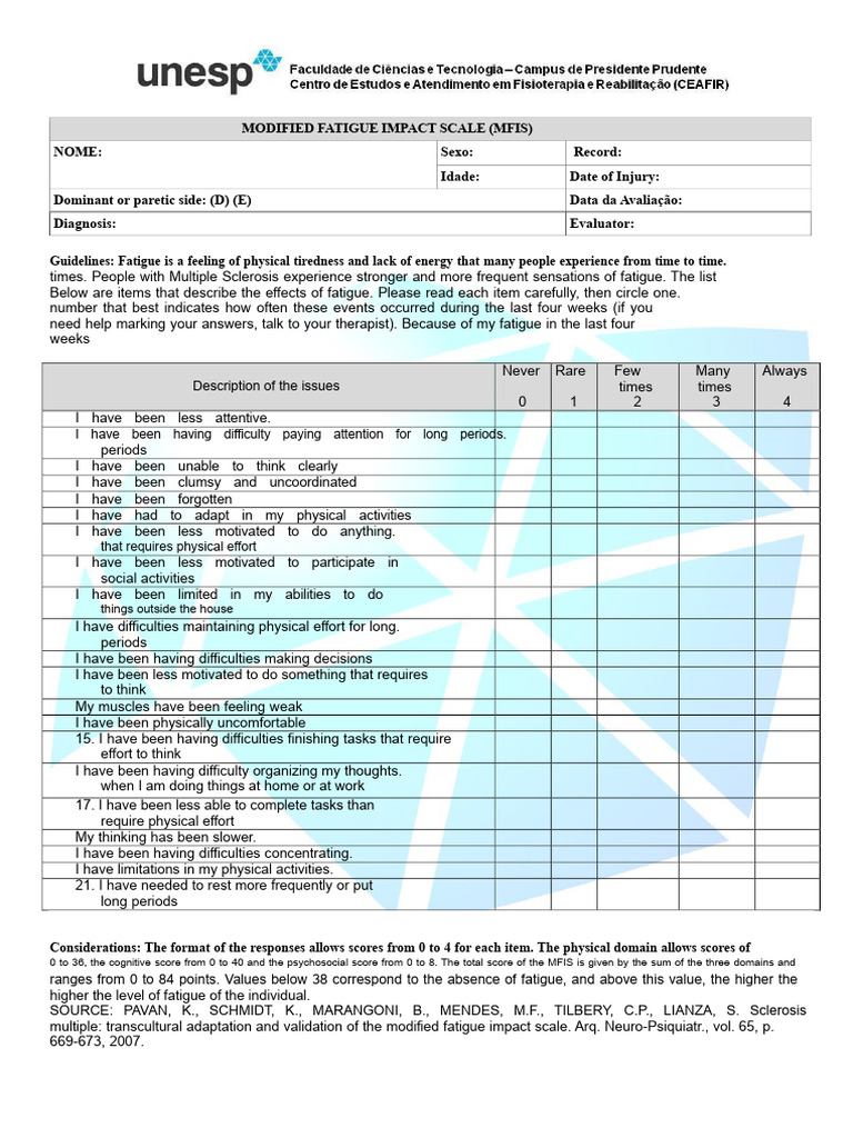 Modified Fatigue Impact Scale (MFIS) | PDF | Behavioural Sciences ...
