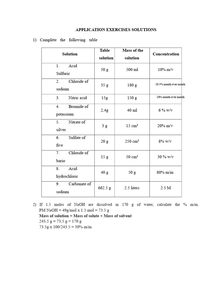 Application Exercises Solutions in Chemistry | PDF | Mass Concentration ...
