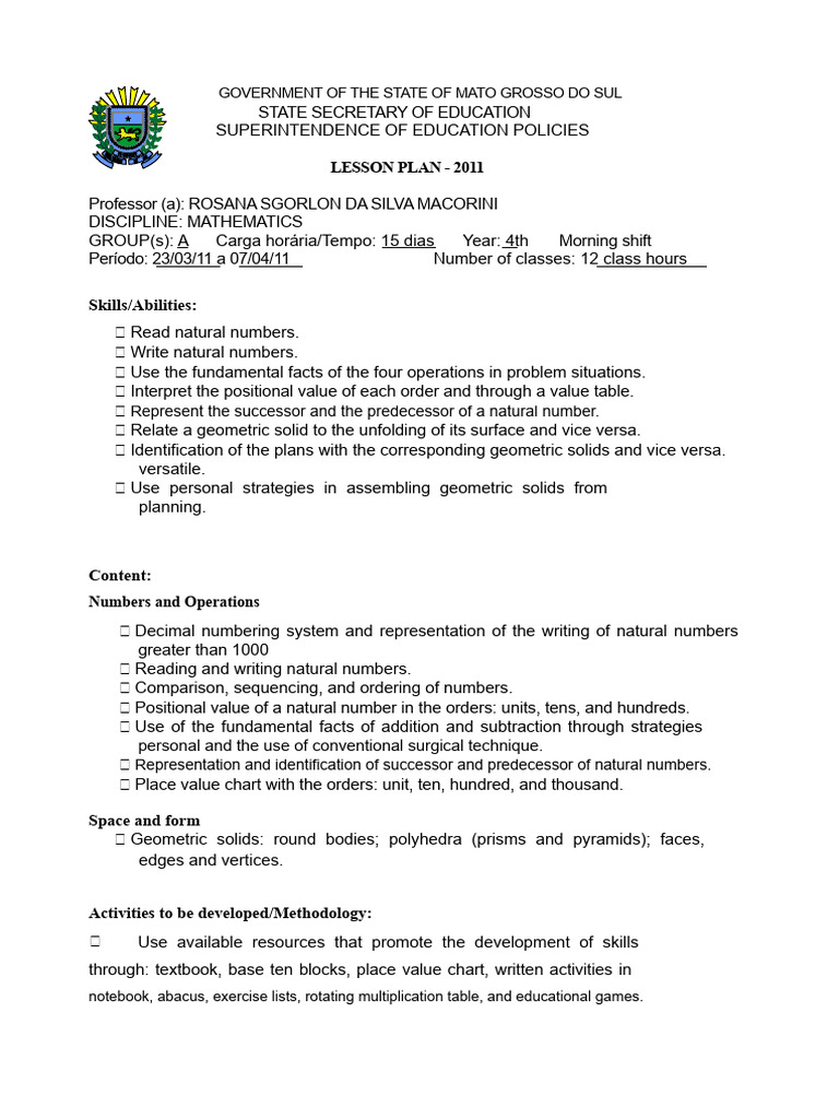 4th Grade Math Lesson Plan 2011 | PDF | Geometry | Natural Number