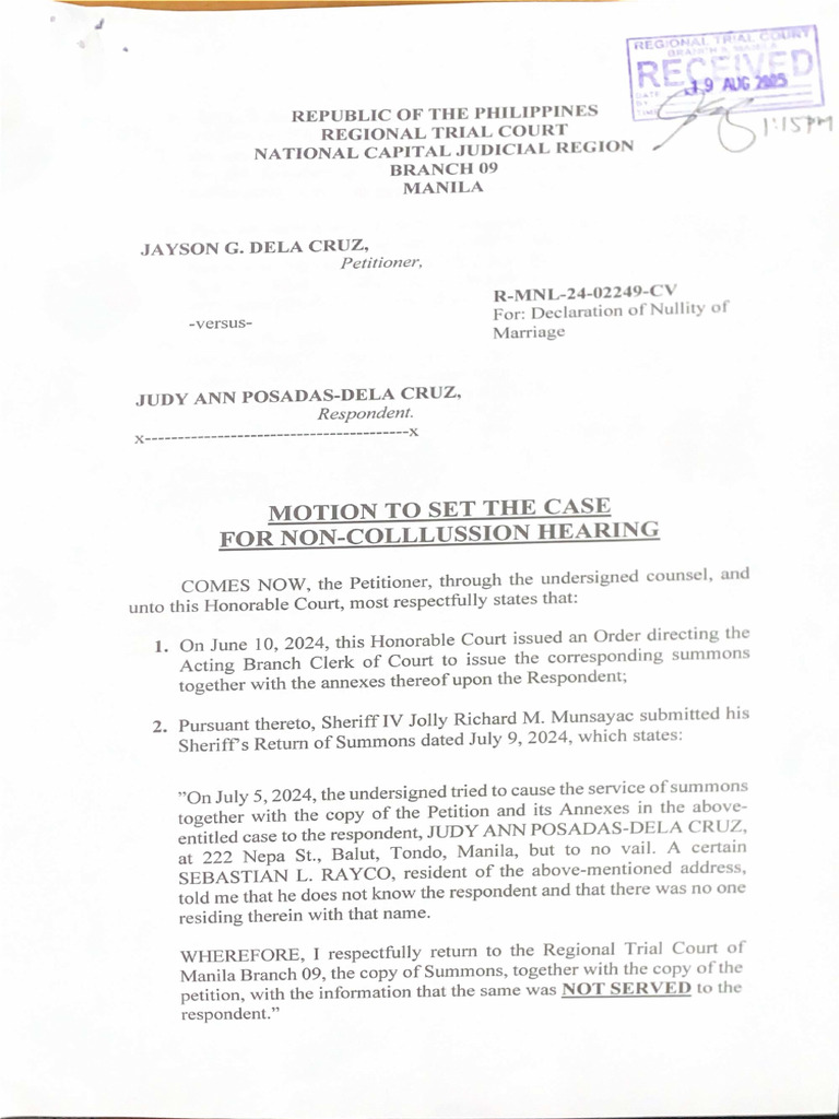 Motion To Set The Case For Non Collussion Hearing | PDF