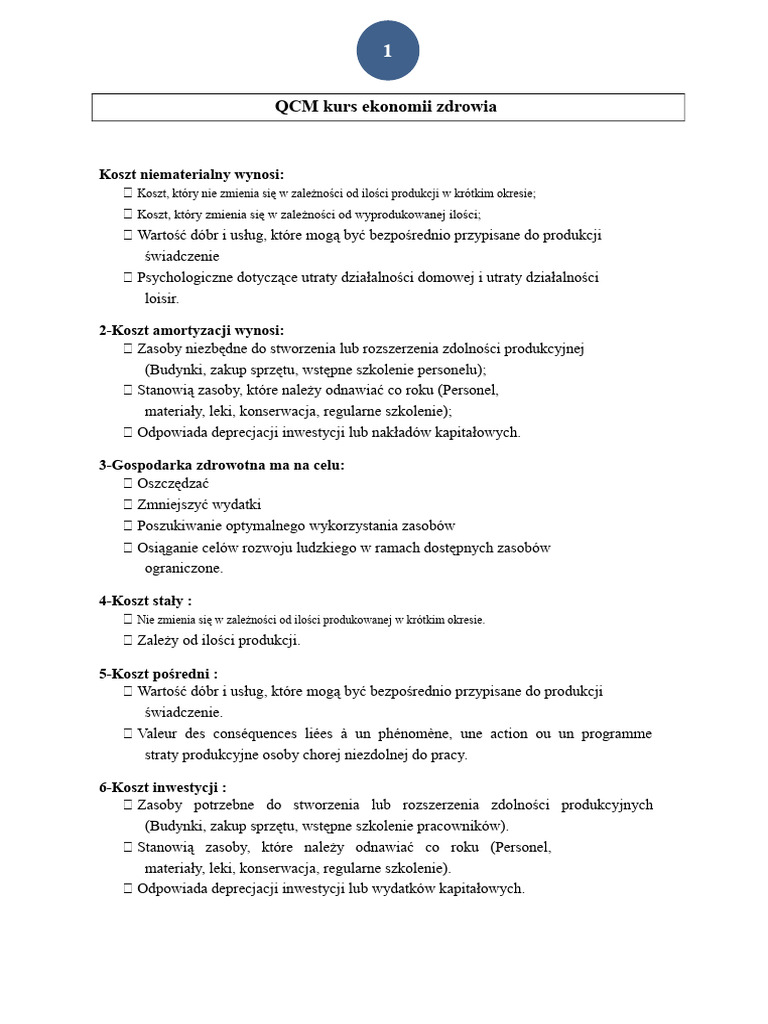 QCM Ekonomia Zdrowia | PDF