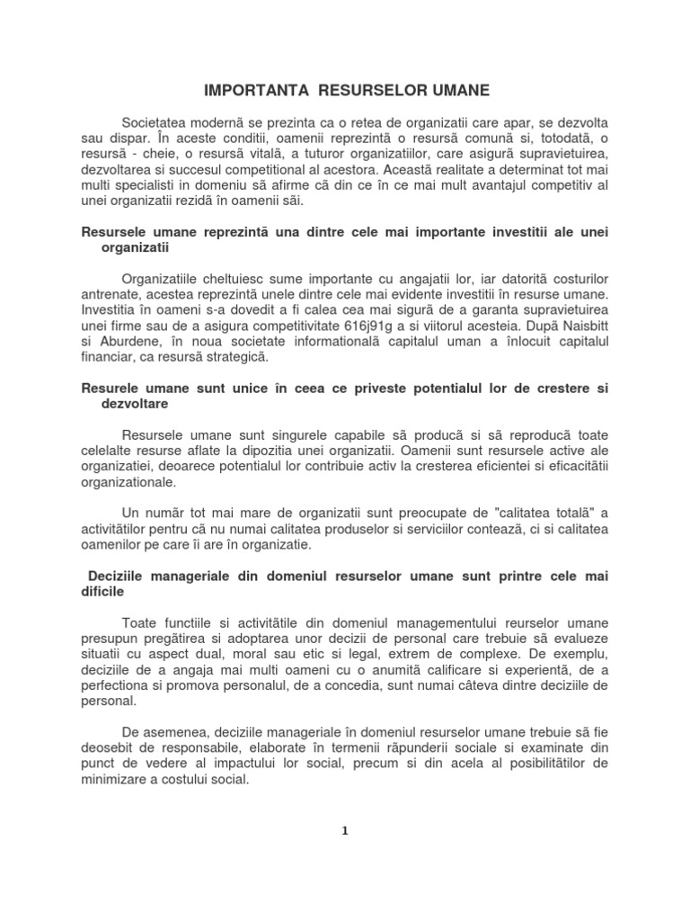 Importanta Resurselor Umane