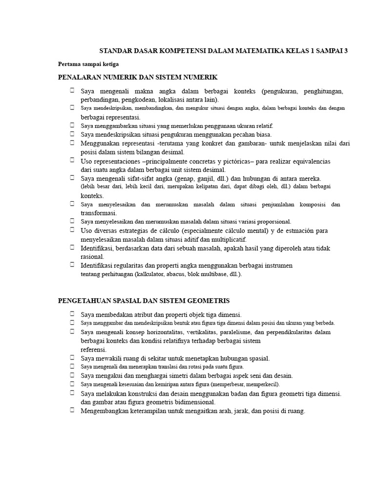 Standar Kompetensi Matematika Kelas 1-3 | PDF