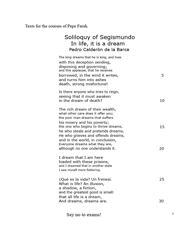 Soliloquy of Segismundo in Life Is A Dream | PDF
