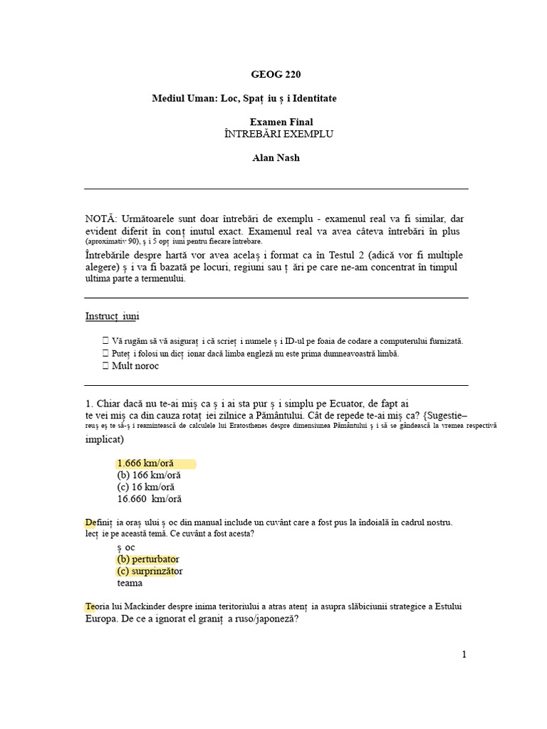 Întrebări de Examen Exemplu GEOG 220 | PDF