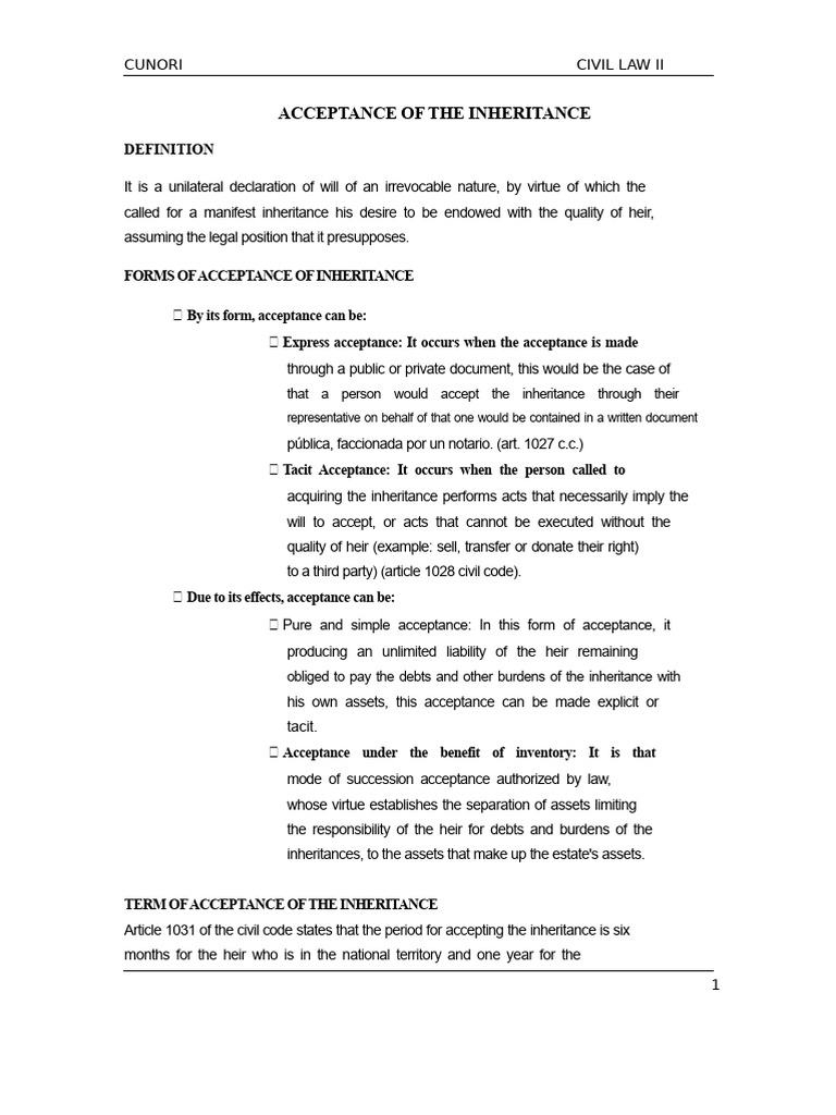Acceptance of Inheritance | PDF | Will And Testament | Inheritance