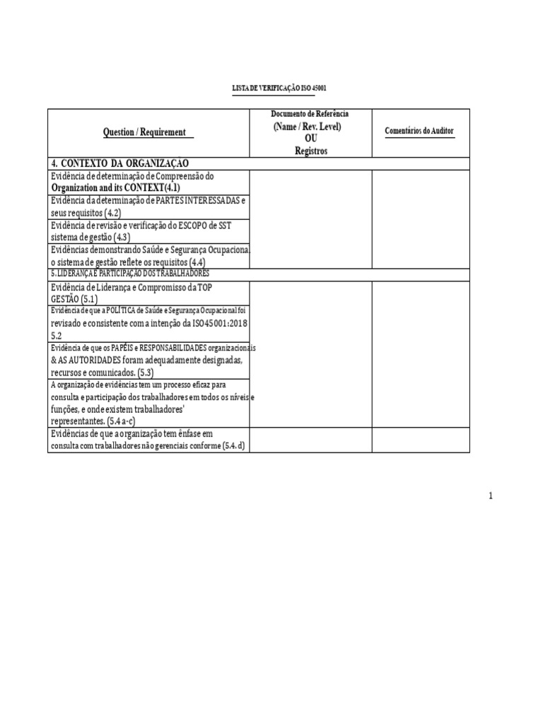 Checklist ISO 45001 para Auditoria SSO | PDF | Liderança | Business