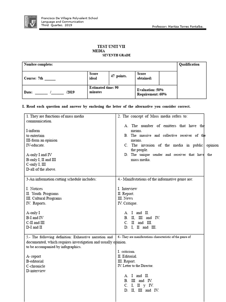 7th Grade Media Test Unit VII | PDF | Communication | Mass Media