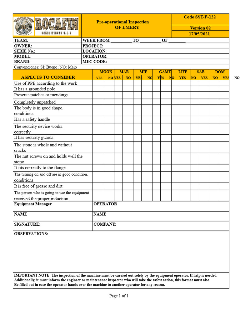 Pre-Operational Inspection Checklist for Emery | PDF