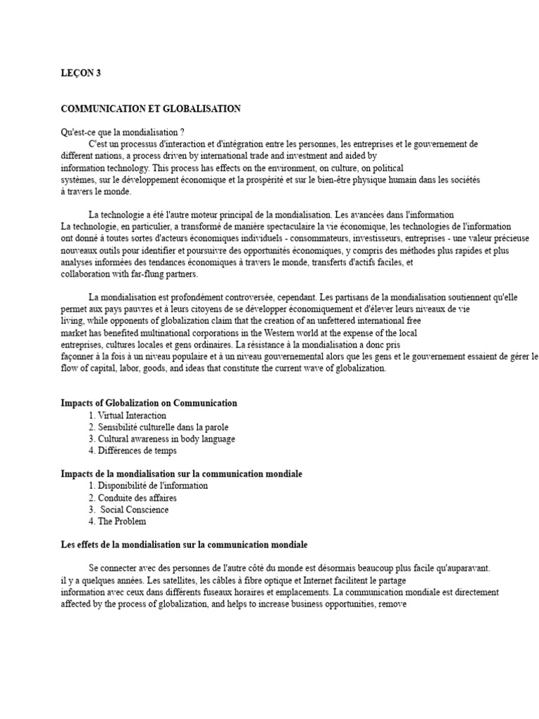 Impact de la Mondialisation sur la Communication | PDF | Globalisation ...