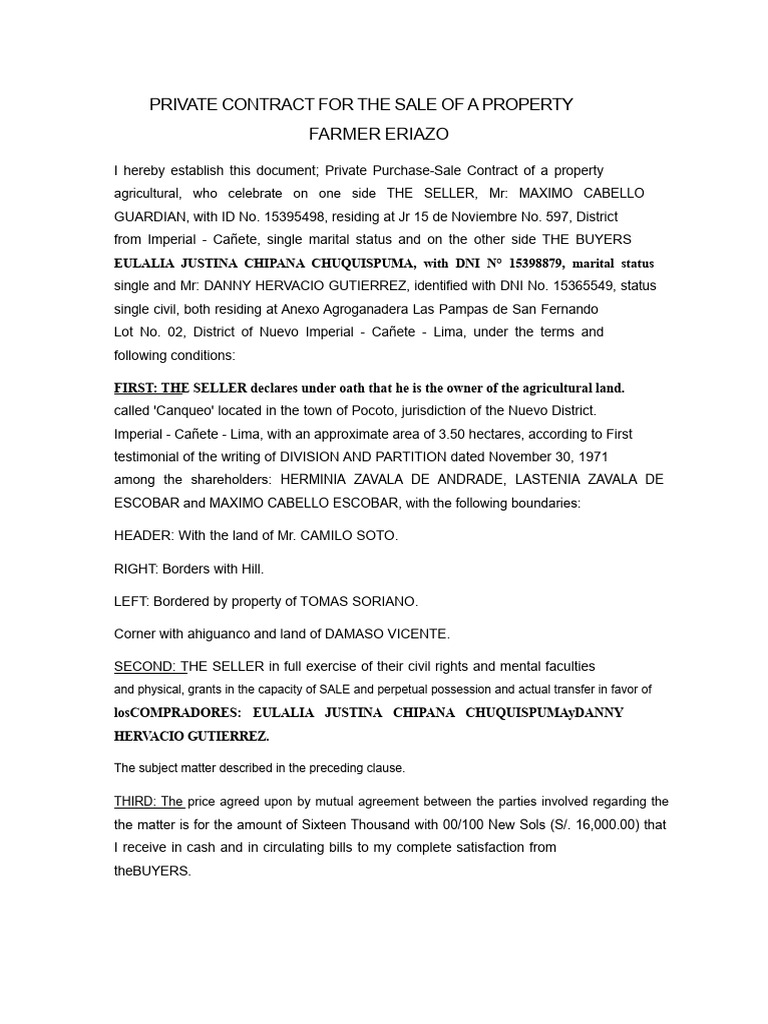 Private Purchase and Sale Contract of A Bare Agricultural Plot | PDF ...