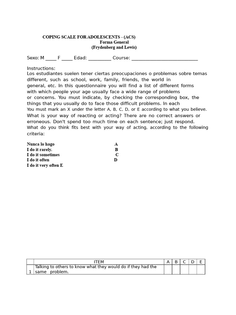 Adolescent Coping Scale Questionnaire | PDF | Behavioural Sciences ...