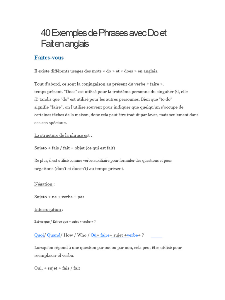 40 Phrases avec Do et Does en Anglais | PDF | Phrase | Verbe