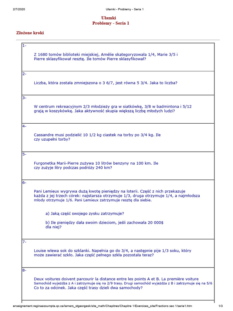 Ułamki - Problemy - Seria 1 | PDF