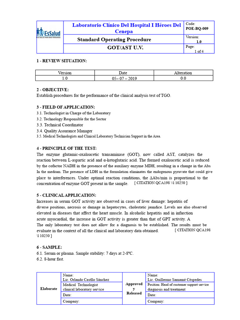 AST Test SOP for Clinical Labs | PDF | Blood Plasma | Medical Laboratory