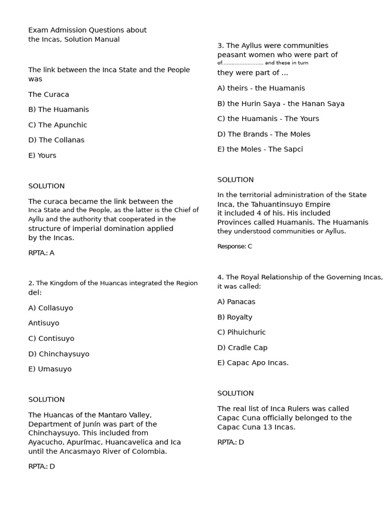 Admission Exam Type Questions About The Incas | PDF | Inca Empire ...