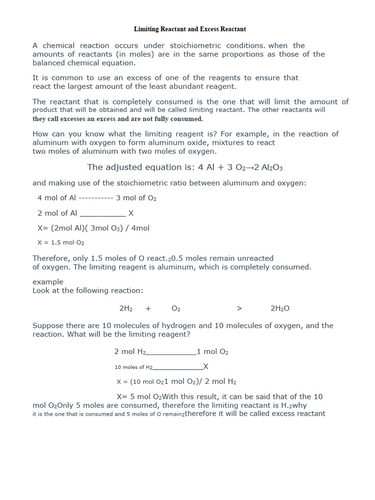 Limiting Reactant and Excess Reactant - Normality | PDF | Stoichiometry ...
