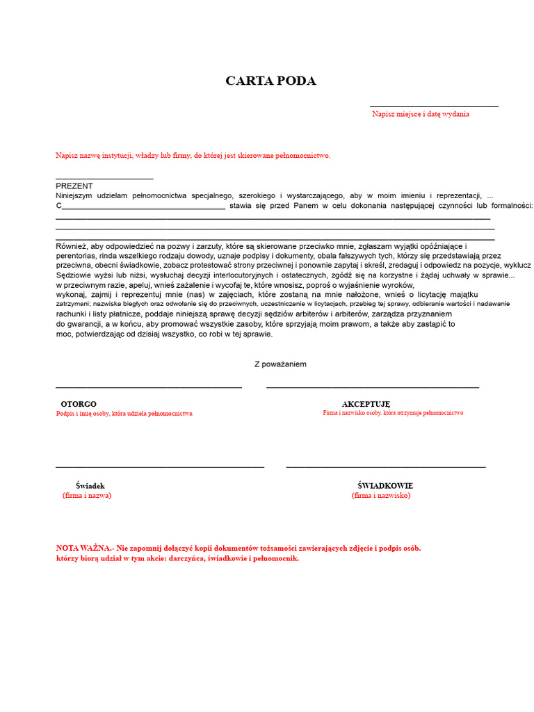 Format Listu Pełnomocnictwa | PDF