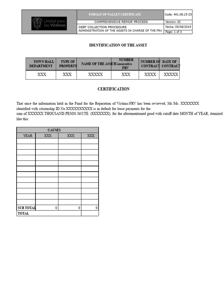 Wallet Certificate Format for Debt Collection | PDF | Debt