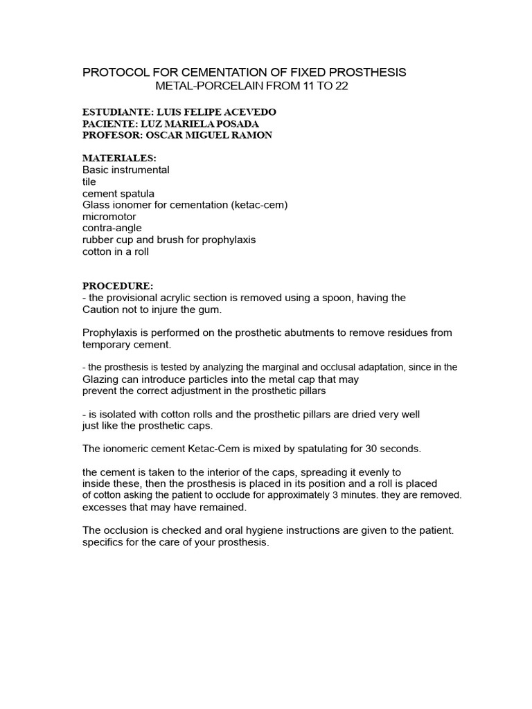 Protocol For Cementation of Fixed Prosthesis | PDF