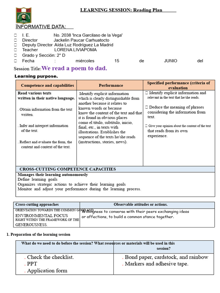 Reading Plan: Poem for Dad Session | PDF | Information | Psychological ...