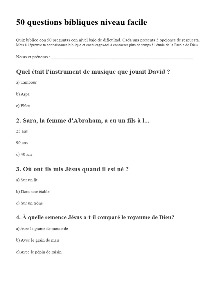 Quiz biblique : 50 questions faciles | PDF | Abraham | Élie