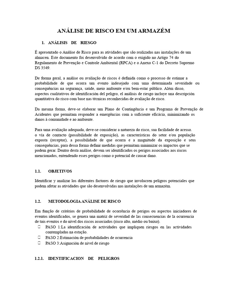 Análise de Risco em Armazém: Metodologia e Perigos | PDF | Risco | Armazém