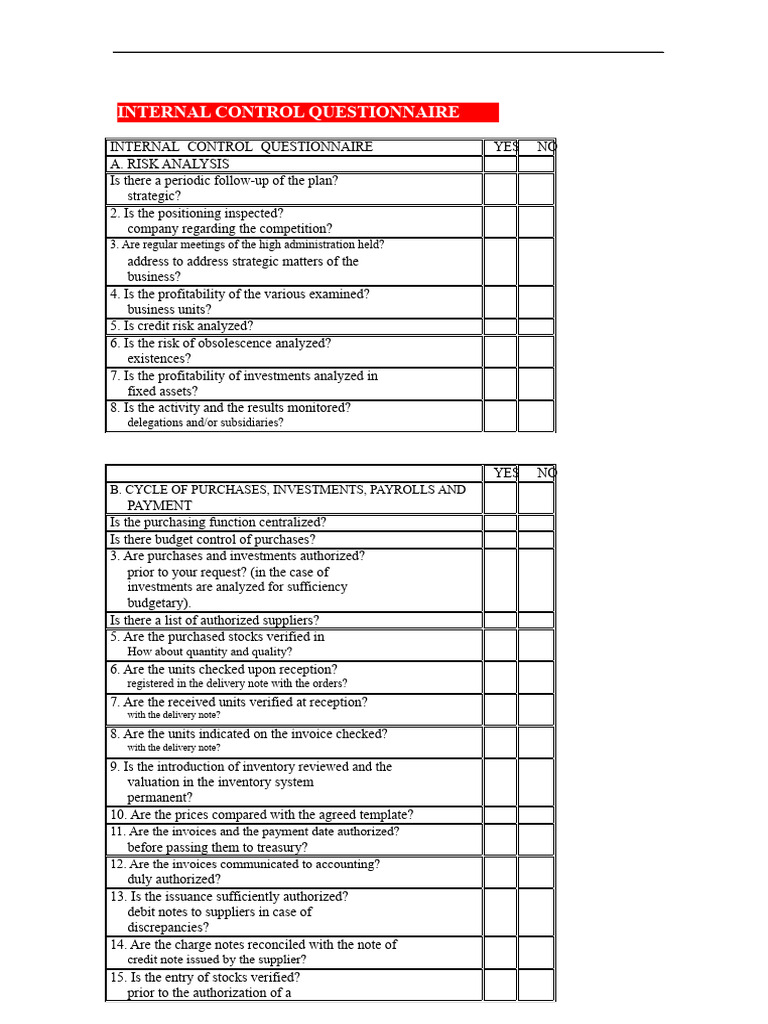 Internal Control Questionnaire Pdf Inventory Investing
