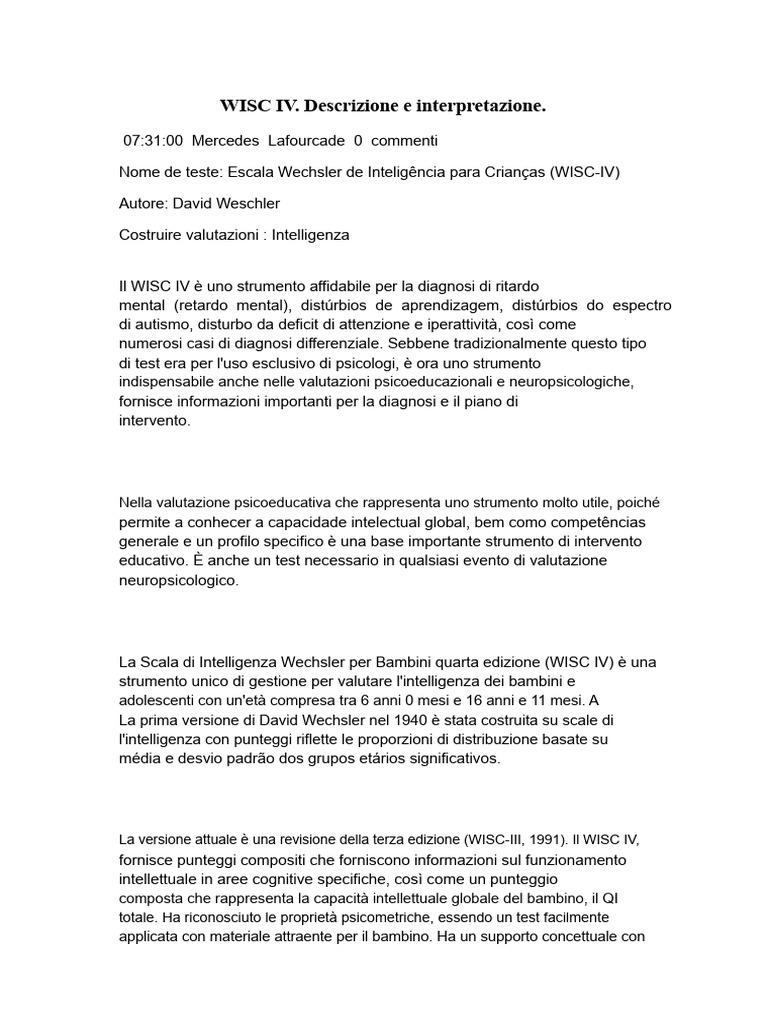 WISC IV Descrizione e Interpretazione | PDF