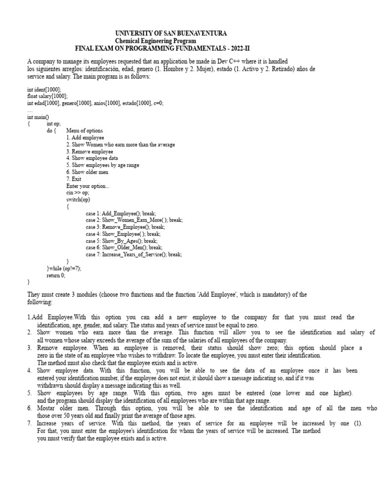 Final Exam of Programming Fundamentals 2022-II | PDF | Computer Programming