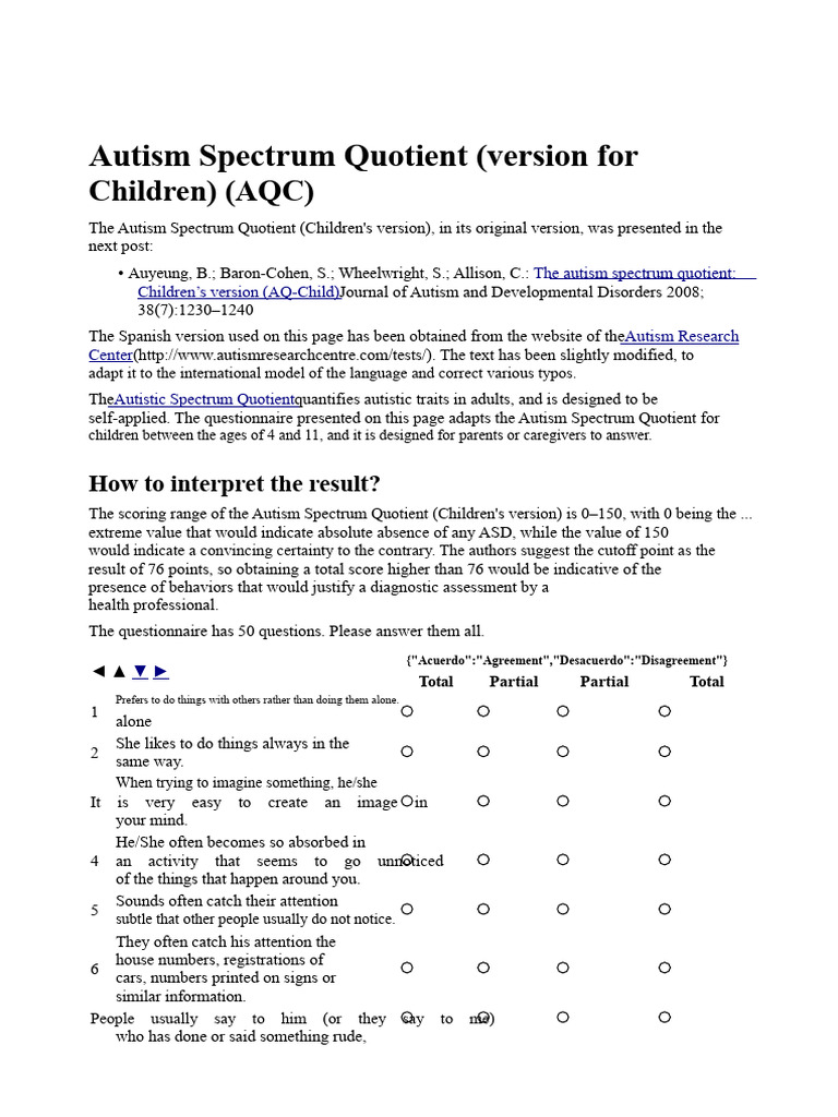 Autism Spectrum Quotient for Children | PDF | Autism | Asperger Syndrome