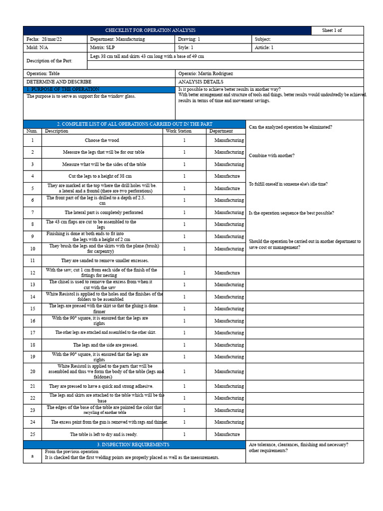 Operation Analysis Checklist for Manufacturing | PDF | Drill | Welding
