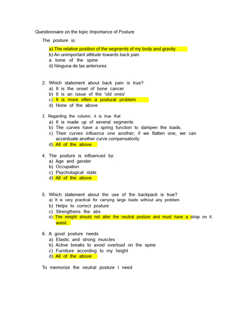 Questionnaire On The Importance of Posture | PDF