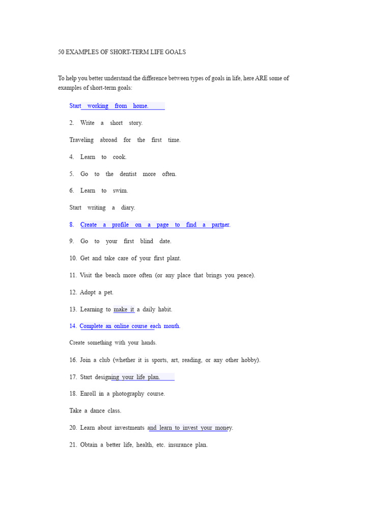 50 Short-Term Life Goals Examples | PDF | Goal | Motivation