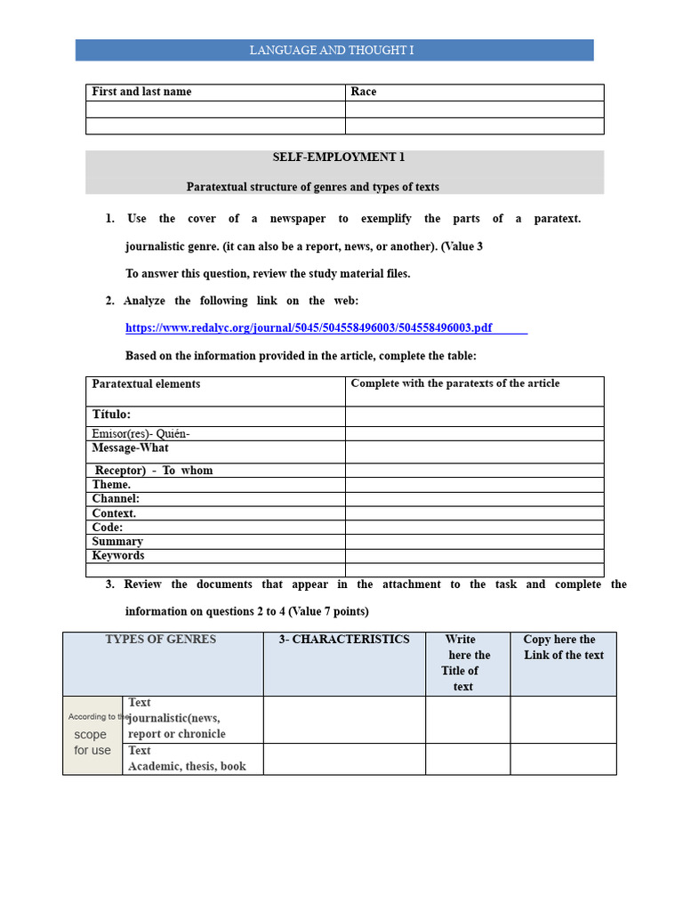 Task 1 Paratextual Structure Of Genres And Types Of Texts Pdf