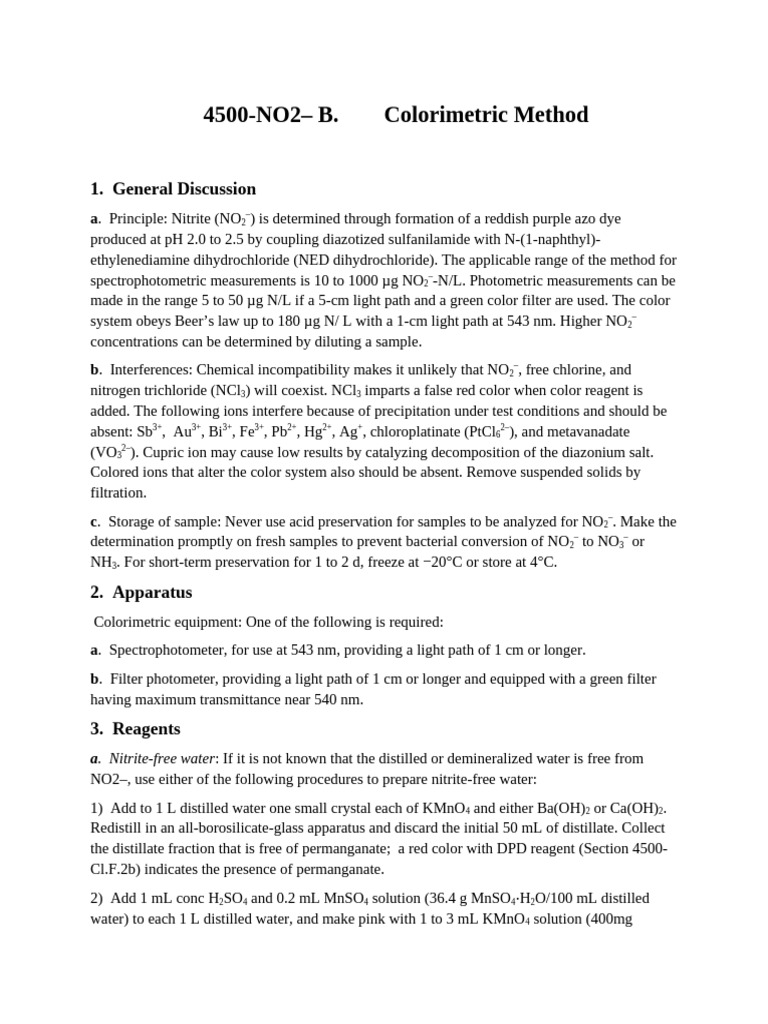 Colorimetric Nitrite Analysis Method | PDF | Titration | Chemistry