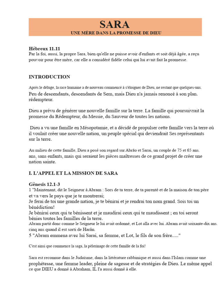 La Foi de Sara : Mère et Promesse Divine | PDF | Sarah | Abraham
