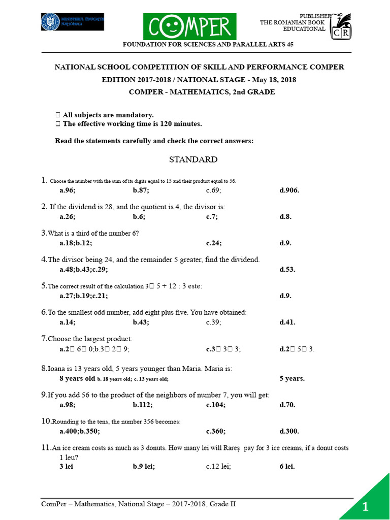 2017-2018 2nd Grade Math Competition | PDF | Division (Mathematics ...