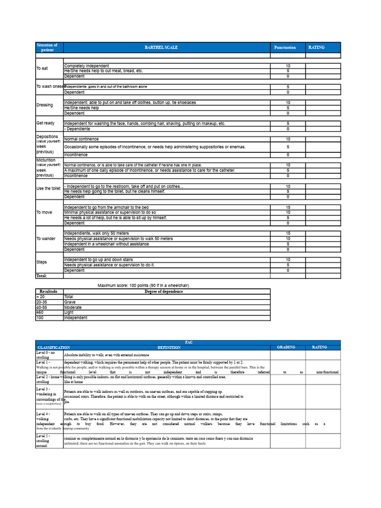 Barthel Scale for Patient Independence Assessment | PDF | Medical ...
