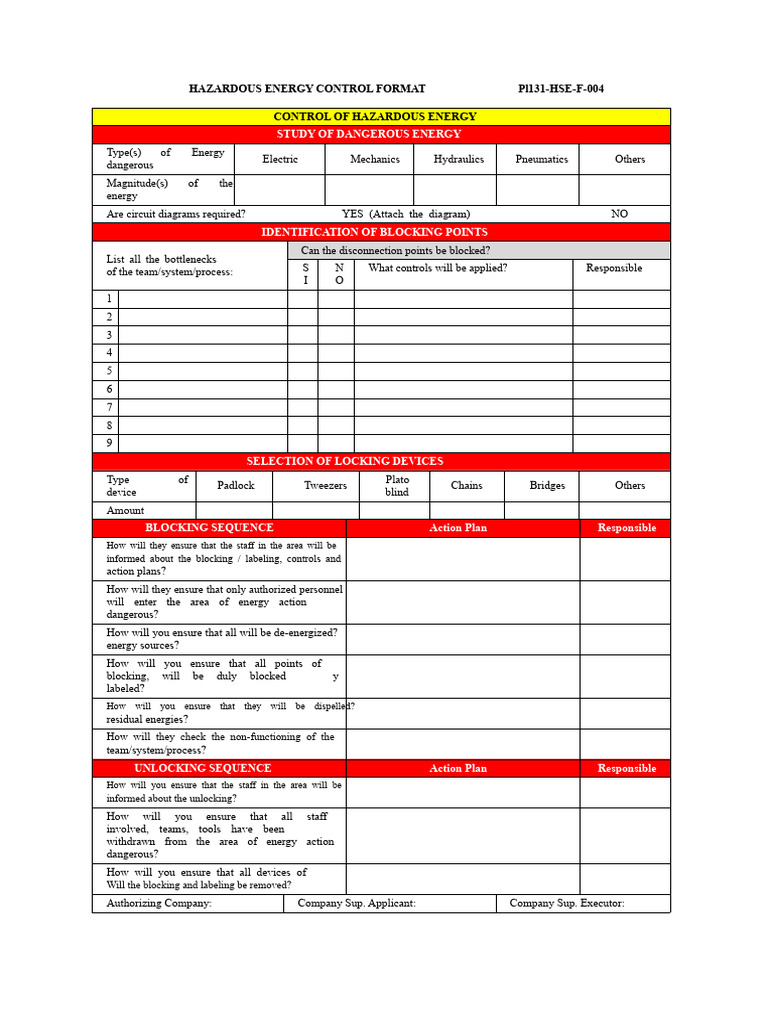 PL131-HSE-F-004 Format For Control of Hazardous Energy | PDF