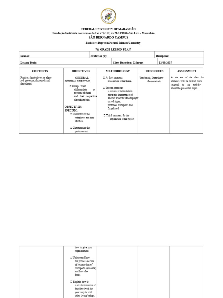 Lesson Plan For 7TH Grade | PDF | Protozoa | Biology