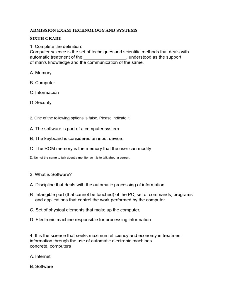 Sixth to Eleventh Grade Tech Exam | PDF | Operating System | Computer ...