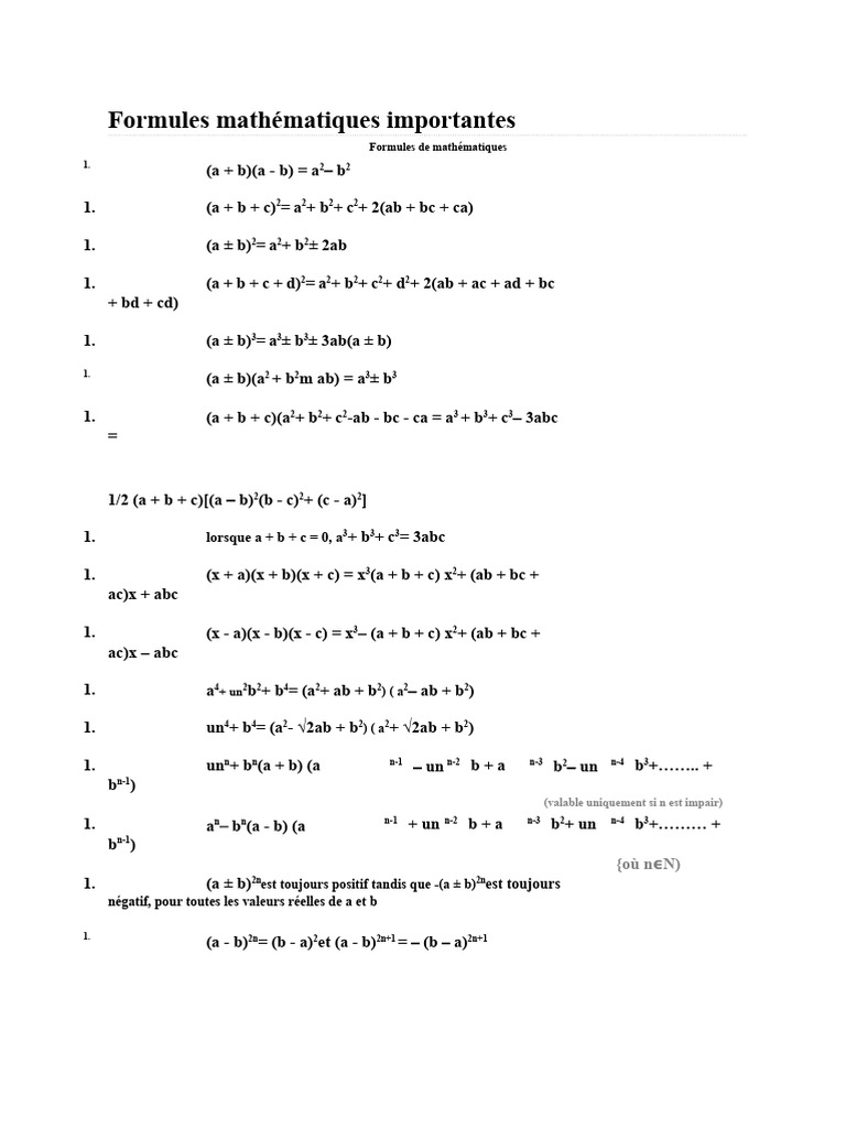 Formules mathématiques essentielles | PDF | Mathématiques | Algèbre