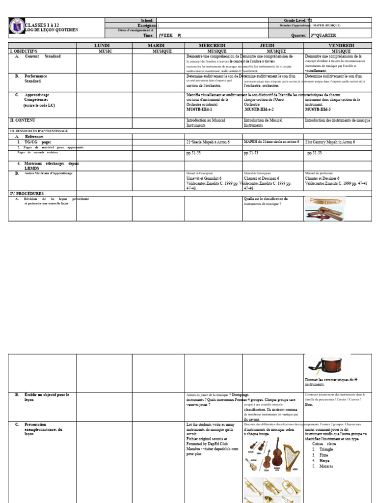 Log de leçon MAPEH: Instruments de musique | PDF | Instruments de ...