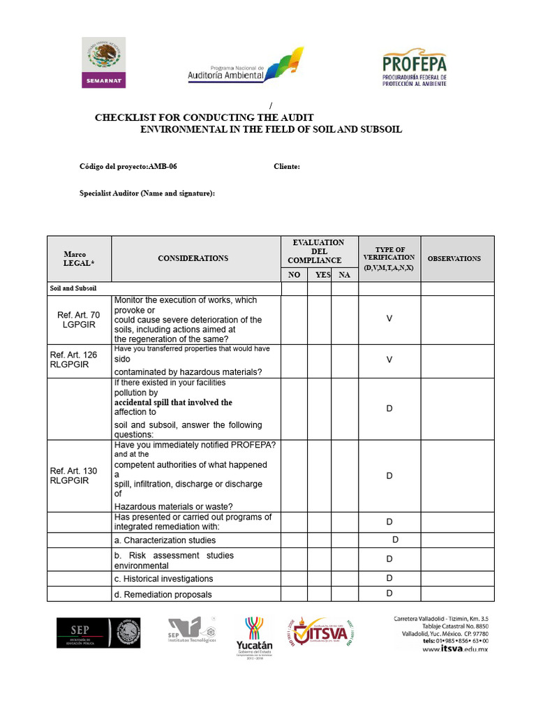 Soil and Subsoil Audit Checklist | PDF | Environmental Remediation ...