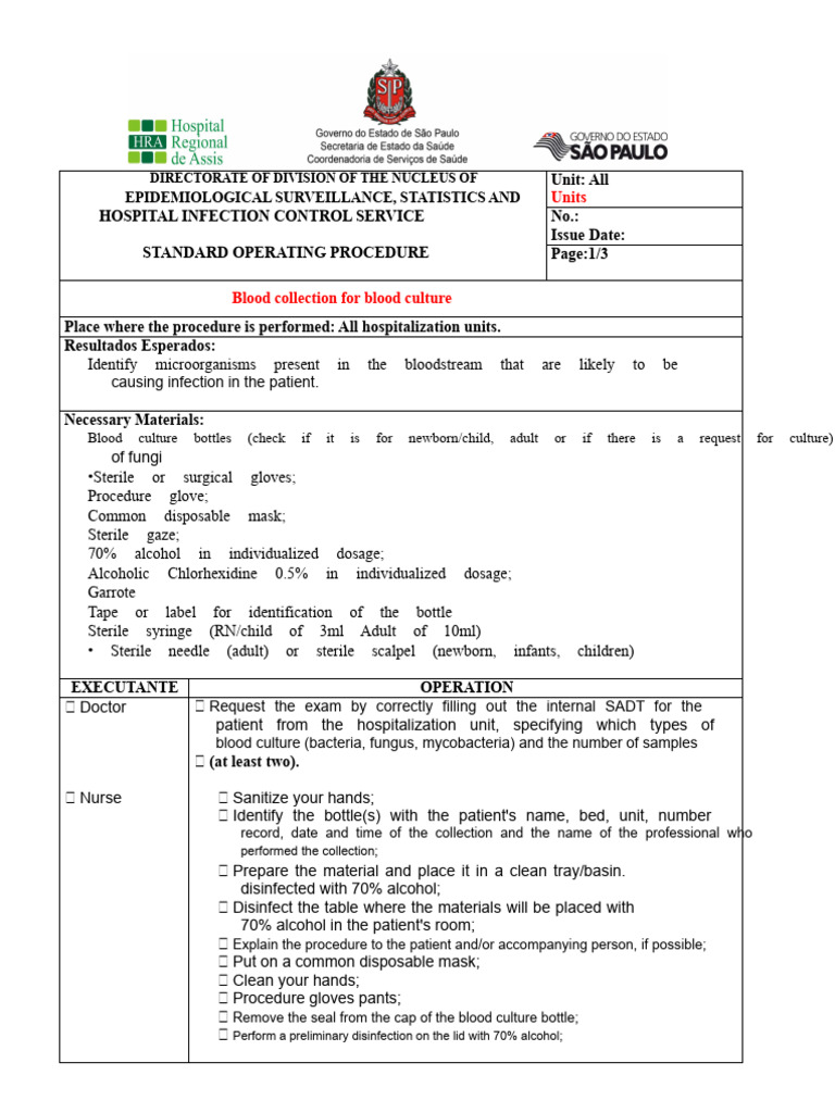 Blood Culture Collection SOP | PDF | Microbiology | Medicine