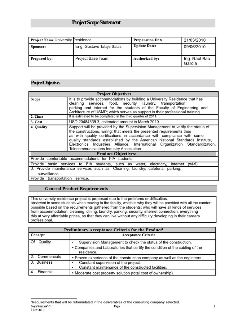 University Residence Project Scope Statement | PDF