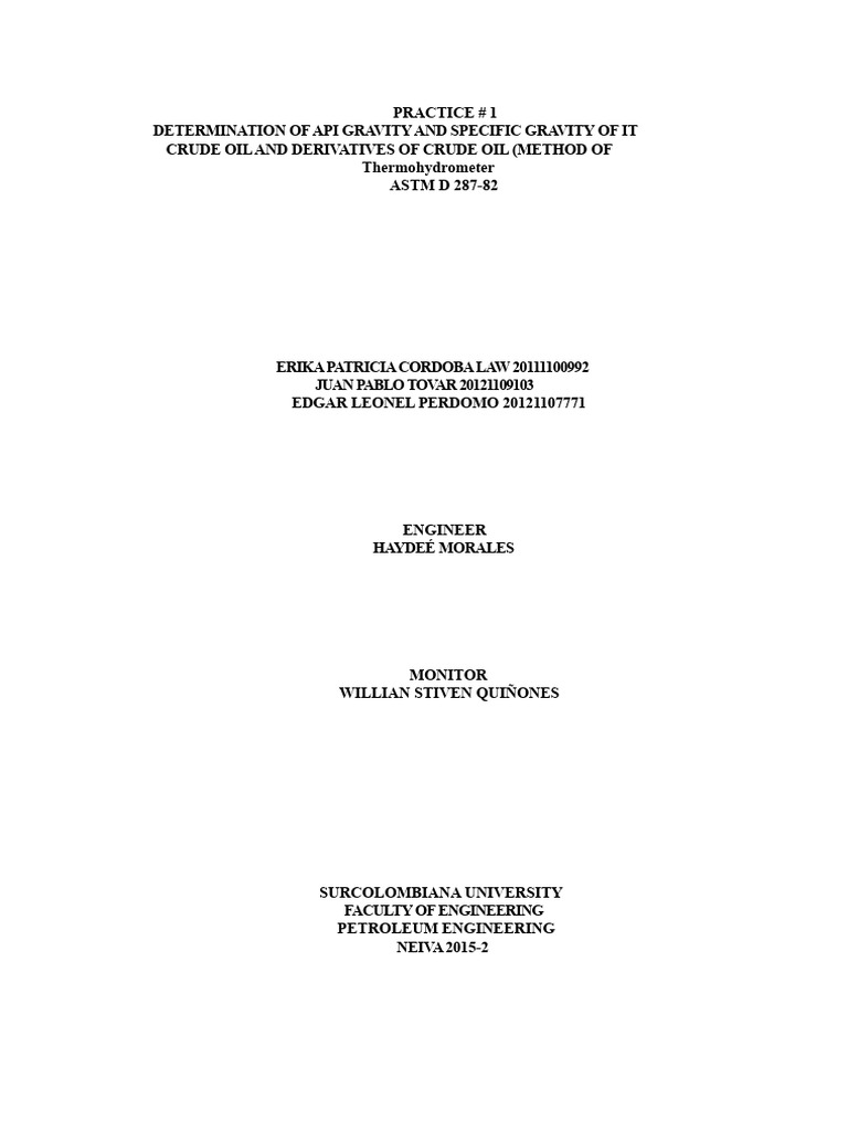 Report On The Determination of Api Gravity and Specific Gravity of ...