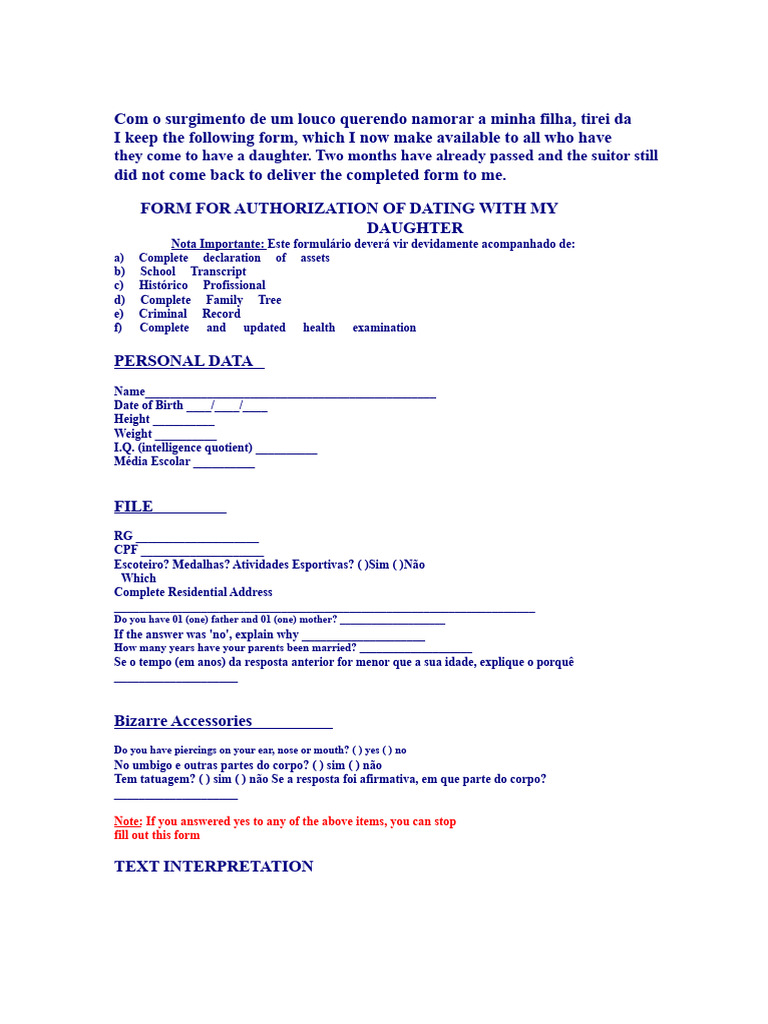 Form For Boyfriend To Fill Out | PDF